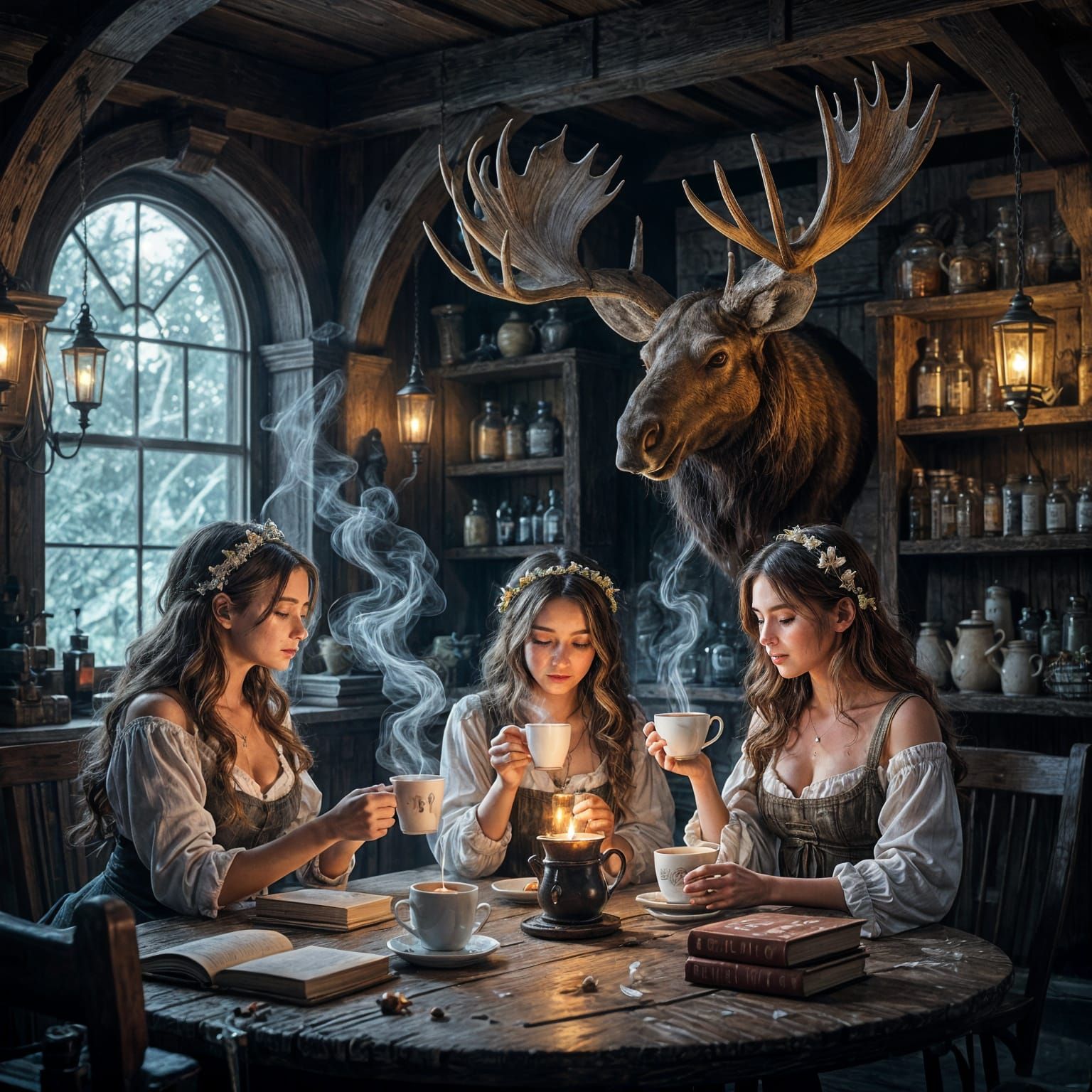 A cozy, dimly lit rustic bar with mounted moose head has steam rising from coffee cups forms into wisps of pure magic, swirling around float...