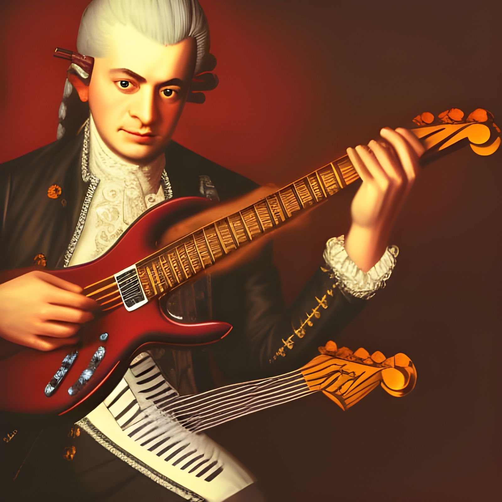 Wolfgang Amadeus Mozart playing electric guitar, heavy metal, Fender