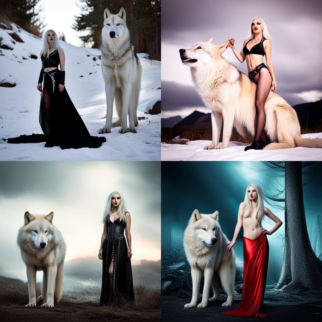 Lady of the Wild Hunt. Attractive slender woman with waist-long white hair, emerald green eyes, red lips. Lots of jewelr...