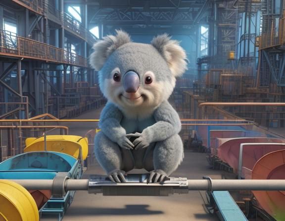 A Koala bear on an assembly line checking items on a conveye...