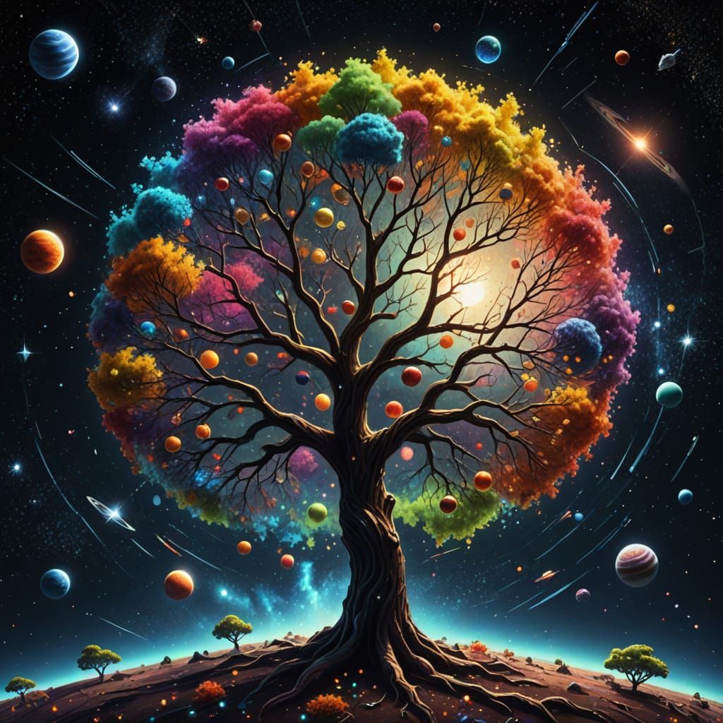 in the middle of outer space, a transparent tree made of star dust, on the branches of the tree, instead of fruit, planets hang, galaxies re...