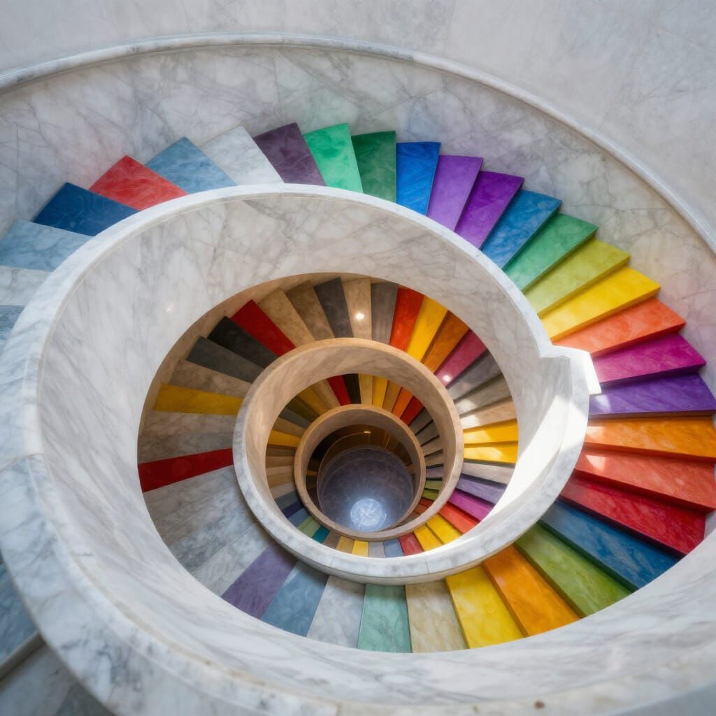 An endless spiral staircase, viewed from directly above, at the top looking down through the central ...  by @Sahndya