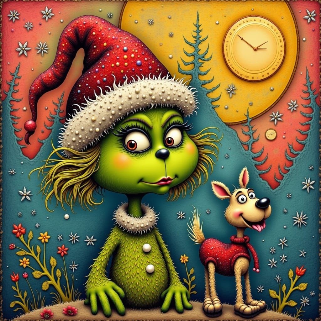 <lora:NICOLETTA  AND MARK:1.0> textured pointillism art, paul signac, Mr. Grinch and his dog max in the style of Tim Burton, cluster zentang...