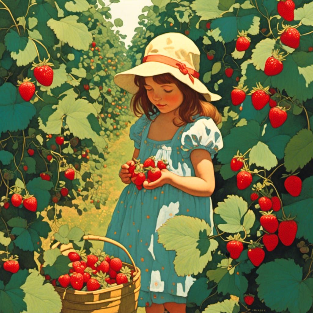 A girl picking strawberries