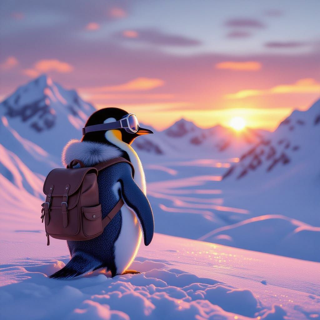 Penguin Explorer Gazing at Arctic Sunset
