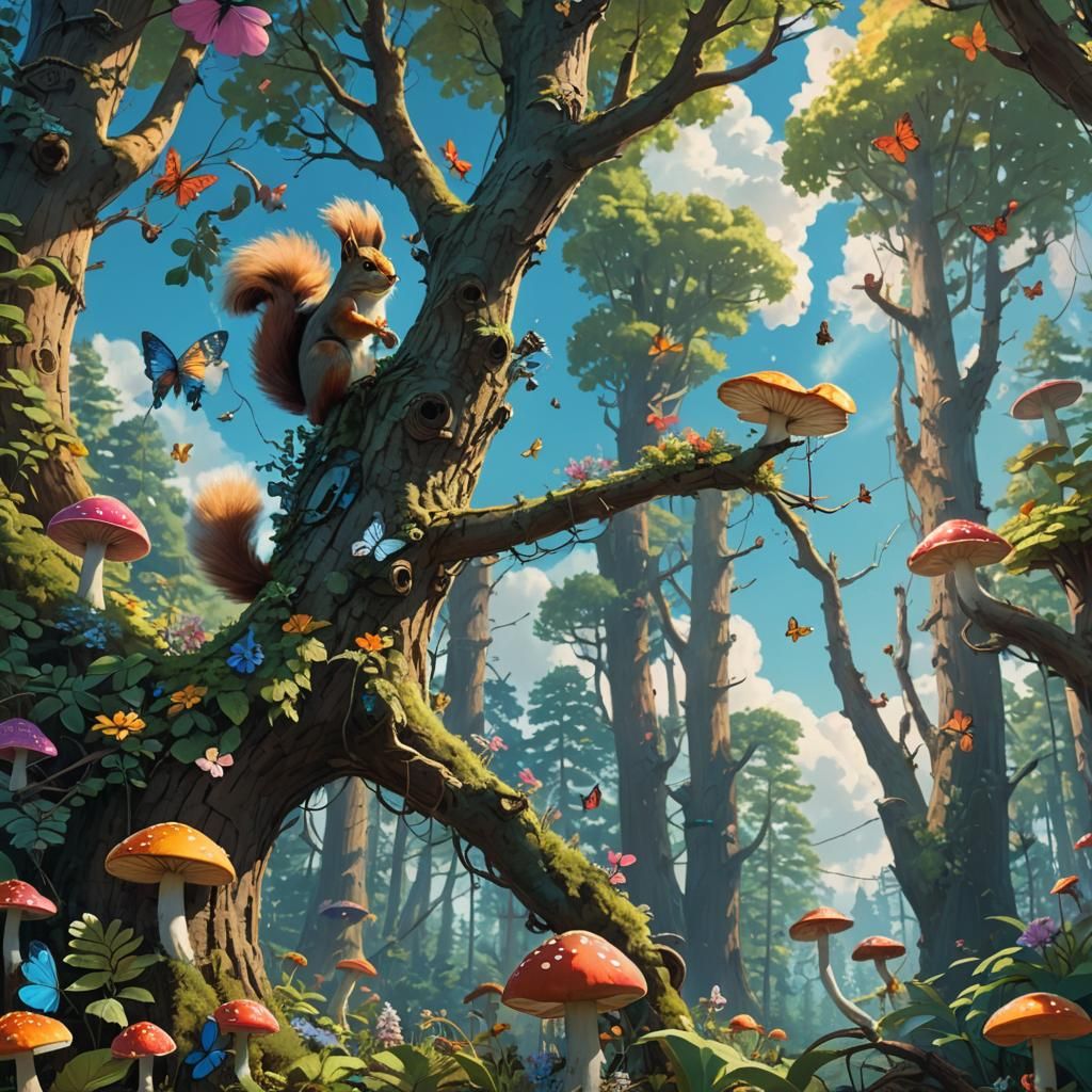 realistic squirrel in a realistic forest its summer there are beautiful rainbow mushrooms on the forest floor the squirrel is on a tree bran...