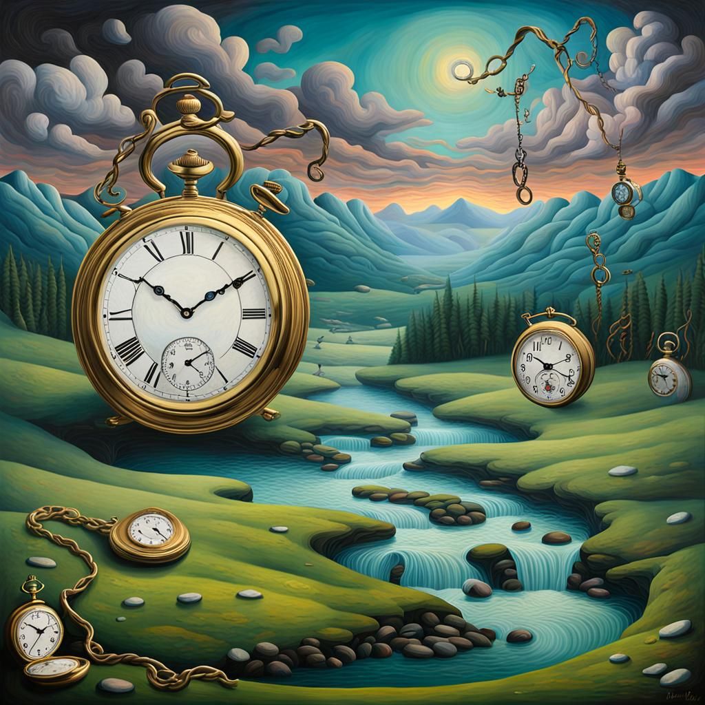 Surreal Melting Clocks in Dreamlike Landscape
