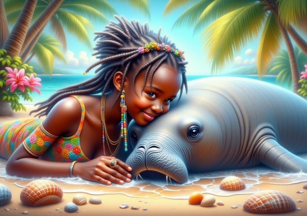beautiful image of a little African girl interacting with a Manatee on a beautiful West African beach. Colorful tropical palms and flowers....