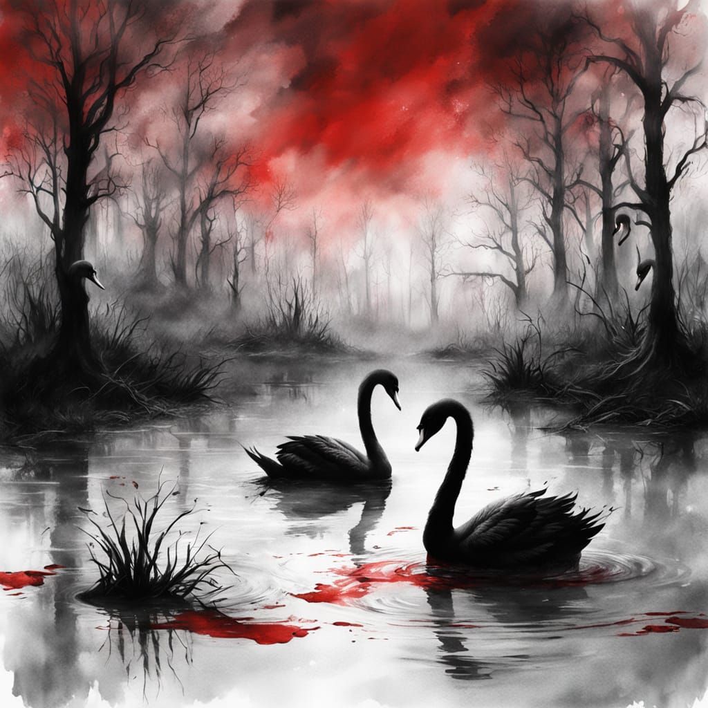Stephen Gammell style, drawing, watercolor, watercolors, black white and red, of swamps, dark creatures, ...  by @JennaM