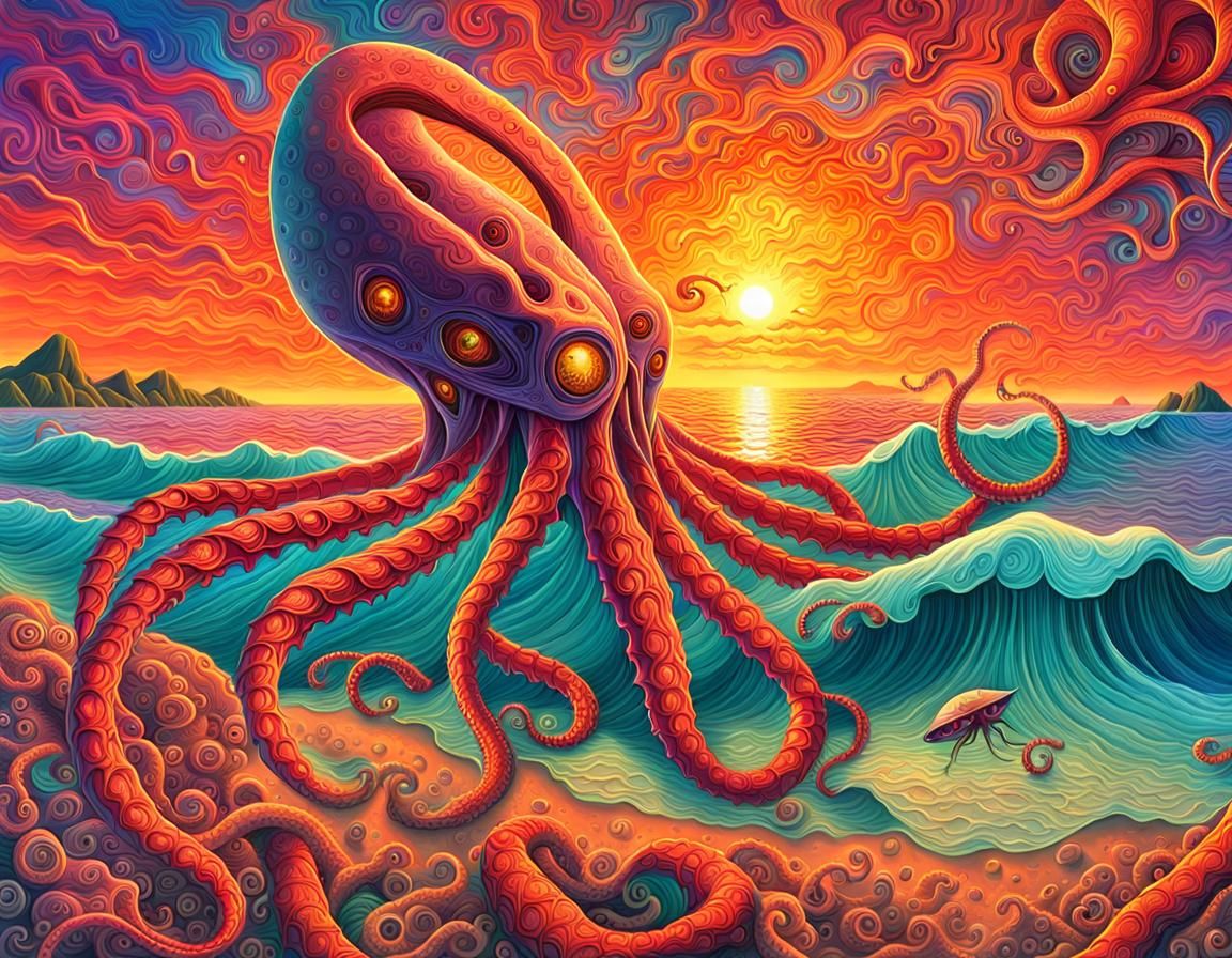 Anonymous Ray fighting a giant squid on the beach
