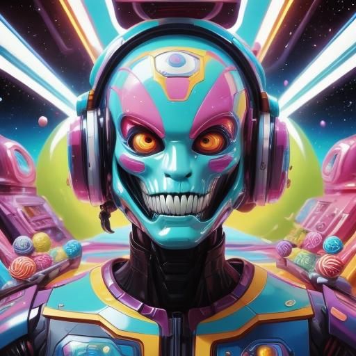 <lora:Bonbon Panic:1.0> Scene from a scifi movie called "I have no mouth, and I must scream". Candy art style! Whimsical playful colorful! c...