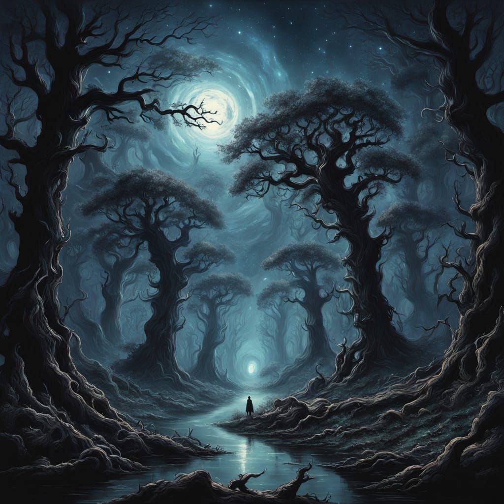 In a hellish forest drowned in complete darkness, twisted black trees rise like claws. Between them, vague shadows of lost sinners stand sti...