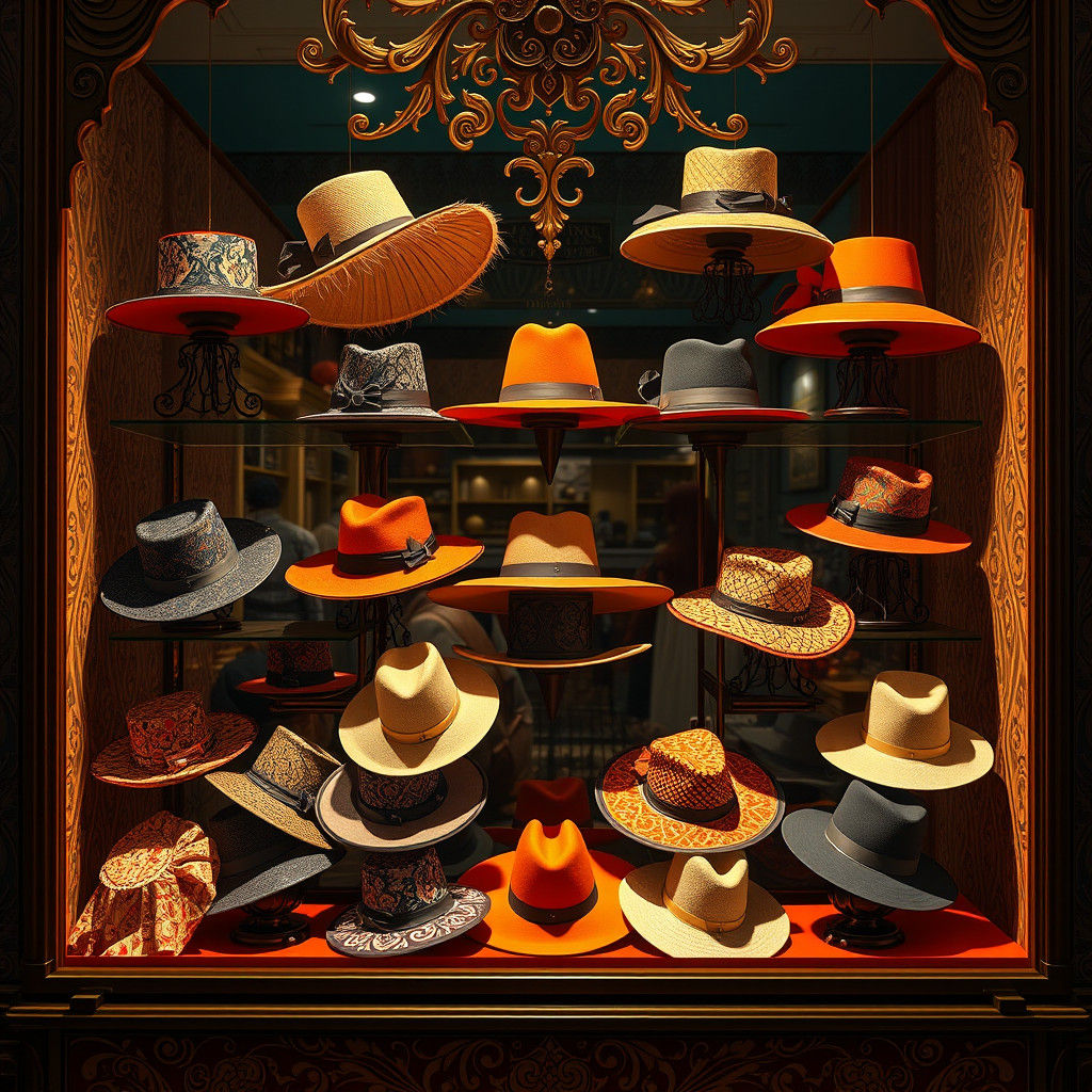 A display of hats in the window of a hat store