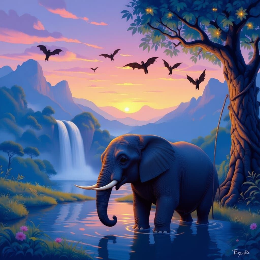 A dreamy painting in Thailand with a beautiful tree, 2 cute cats, an elephant with a dancing 10 year old girl on it, playing with candles. A...