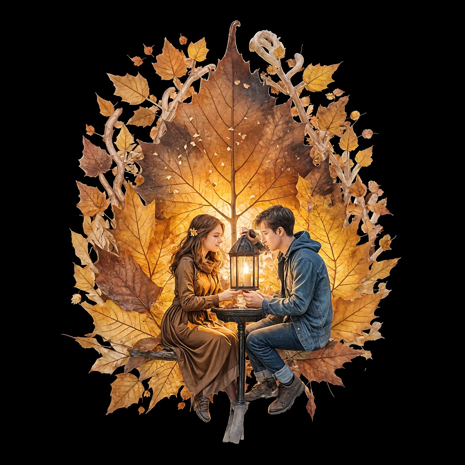 An Autumn Leaf. On the inside of the leaf show me a romantic couple having a date on a cool fall night ...  by @Mechakamiguru