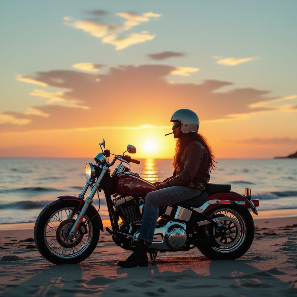 Harley Davidson Motorcycle Rider at Sunset Beach in 70s Styl...