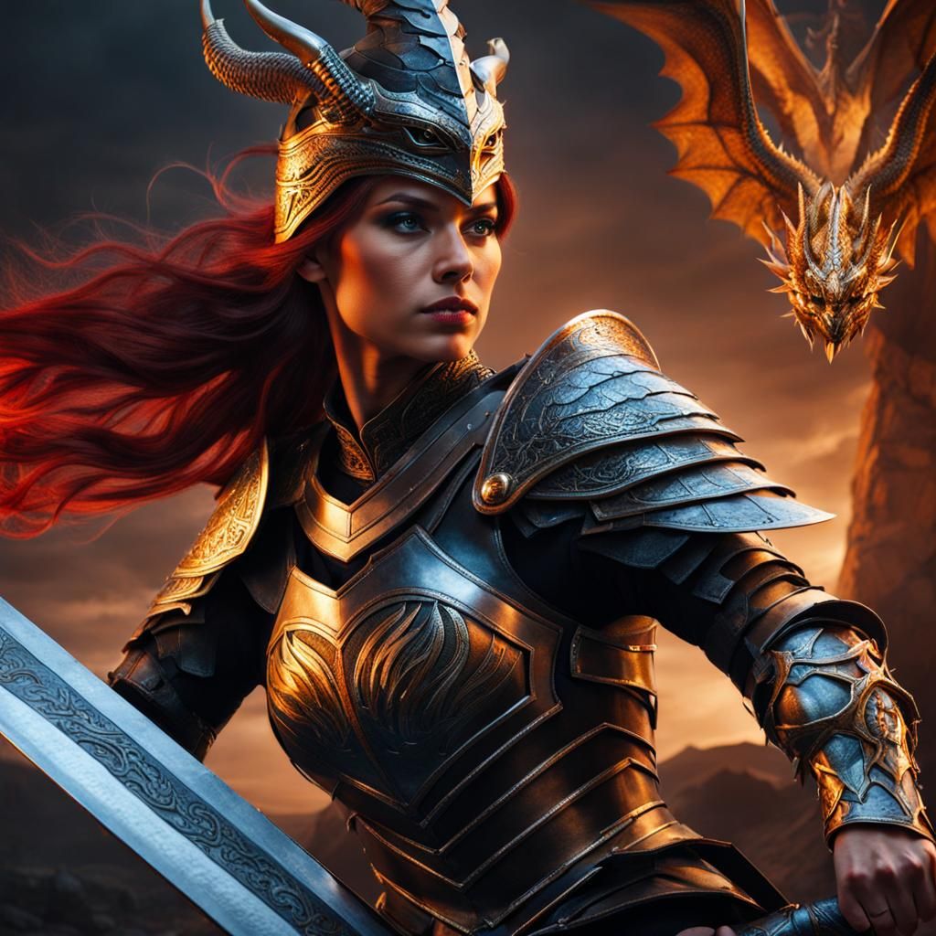 warrior woman in armor with dragon