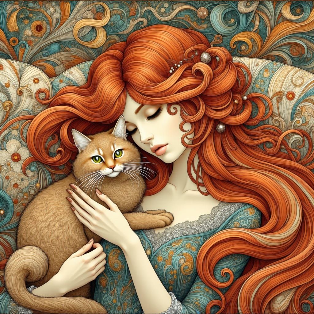 <lora:Art Nouveau:1.0> a beautiful redheaded woman, snuggled up on the sofa with her cute brown cat, tender scene, blankets and pillows on t...