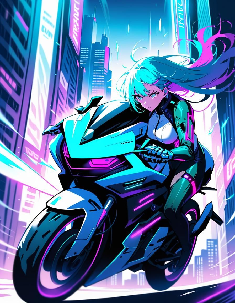 Side view of 1girl cyberpunk girl, riding a futuristic motor...