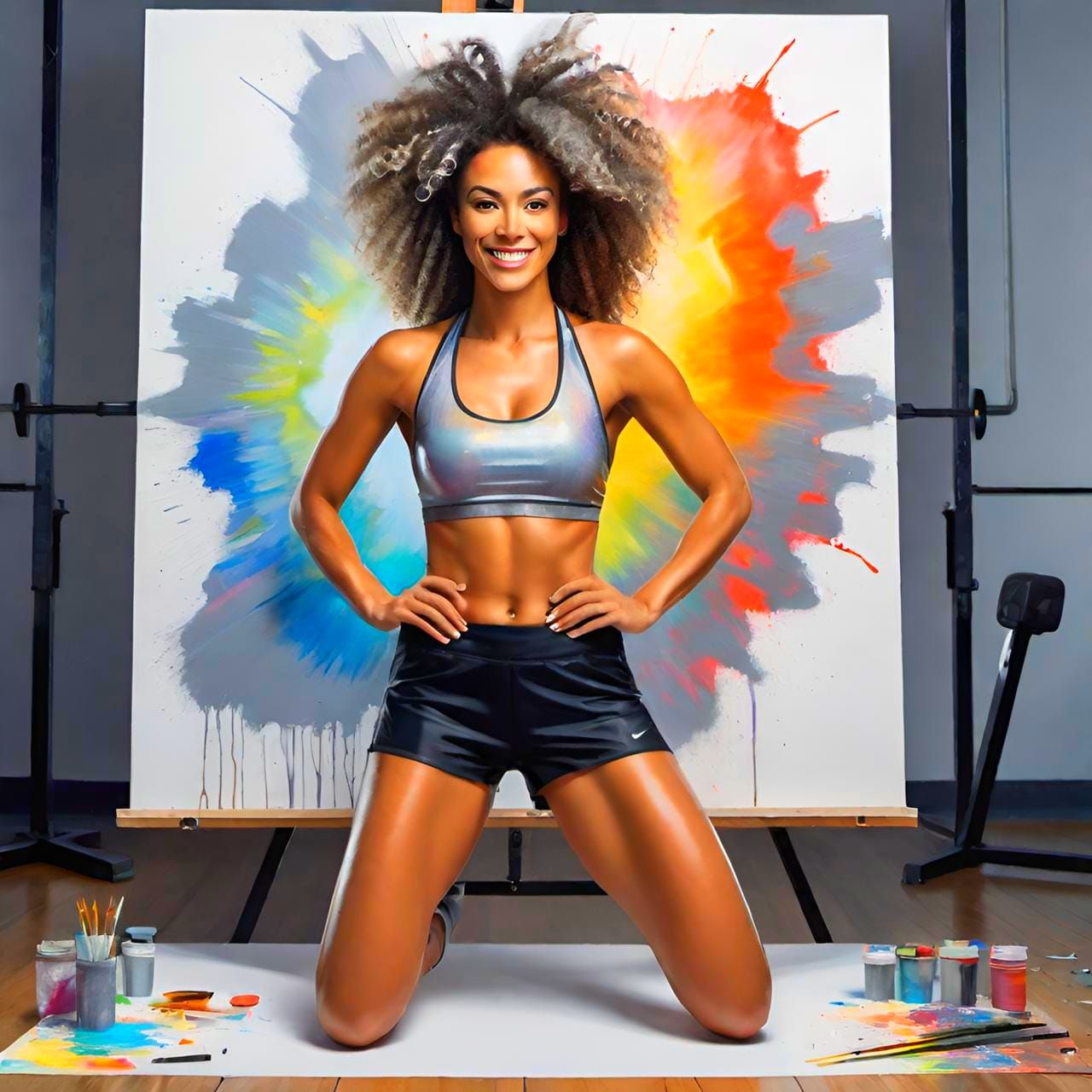 A muscular fitness woman and a canvas