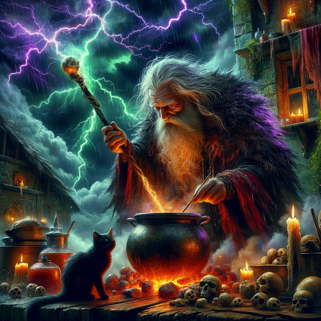 Elderly Wizard Brews Pot of Bones in Turbulent Stormy Night