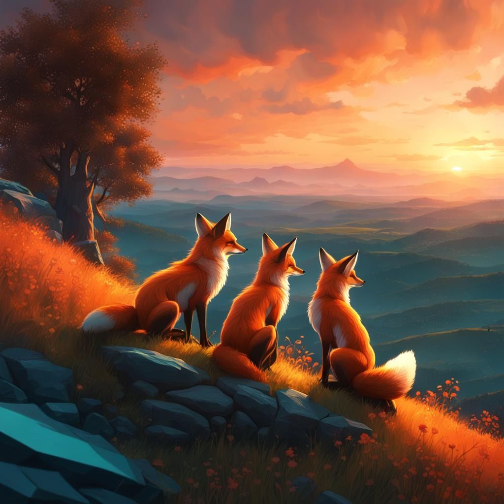Two foxes on a hill looking out across the valley with a lov...