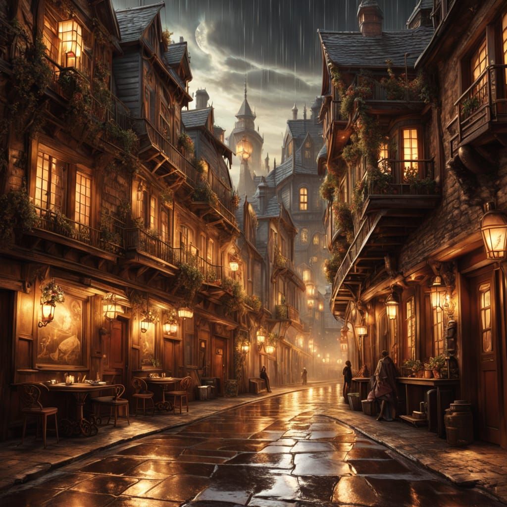 A lone wolf sits outside a dimly lit tavern, its fur ruffled by a cold wind. The cobblestone alleyway ...  by @Phoenixbursche