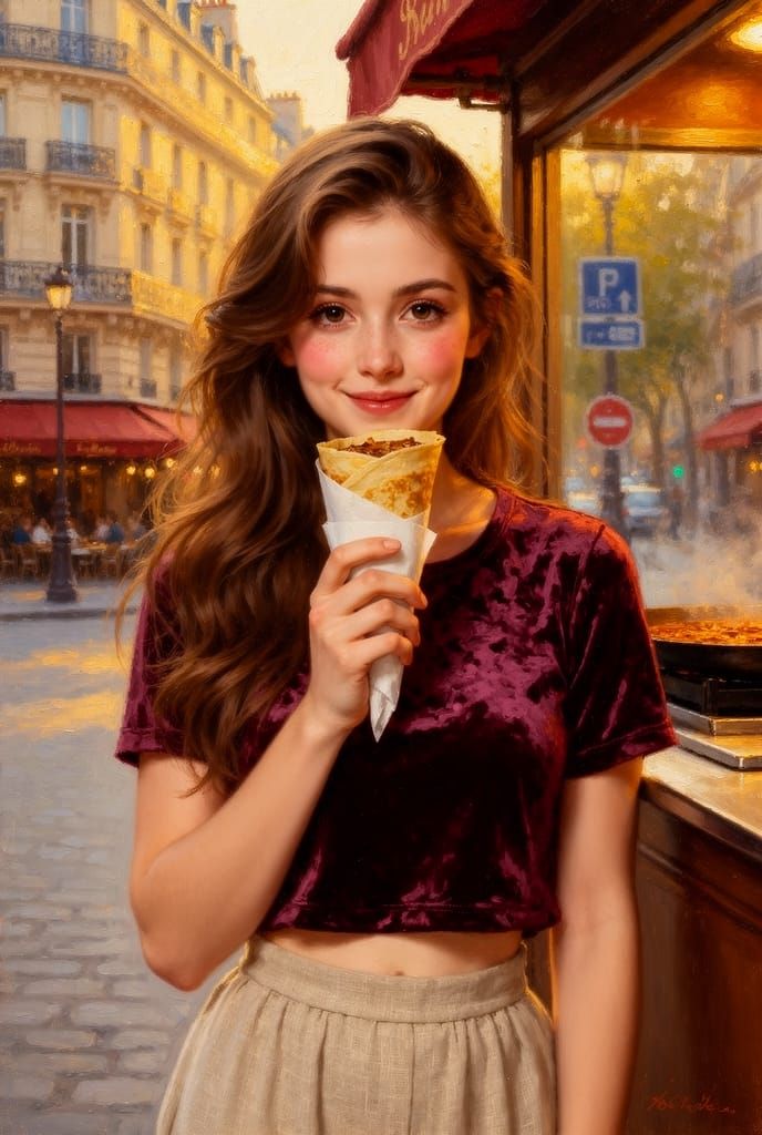 A French Lady Enjoying a Street Crepe
