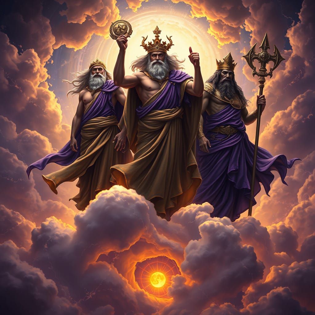 Zeus, Posiden, and Hades standing on clouds