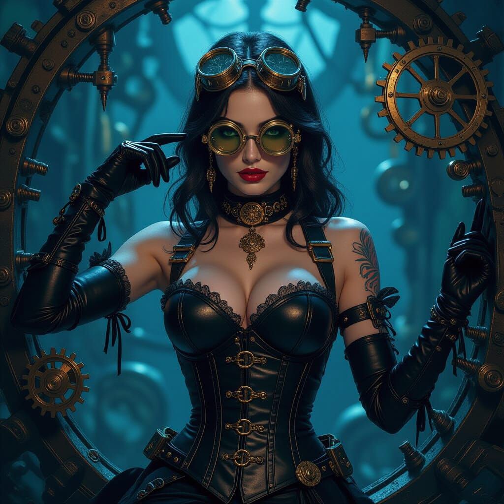 Gothic Steampunk Queen in Mystical Clockwork Setting