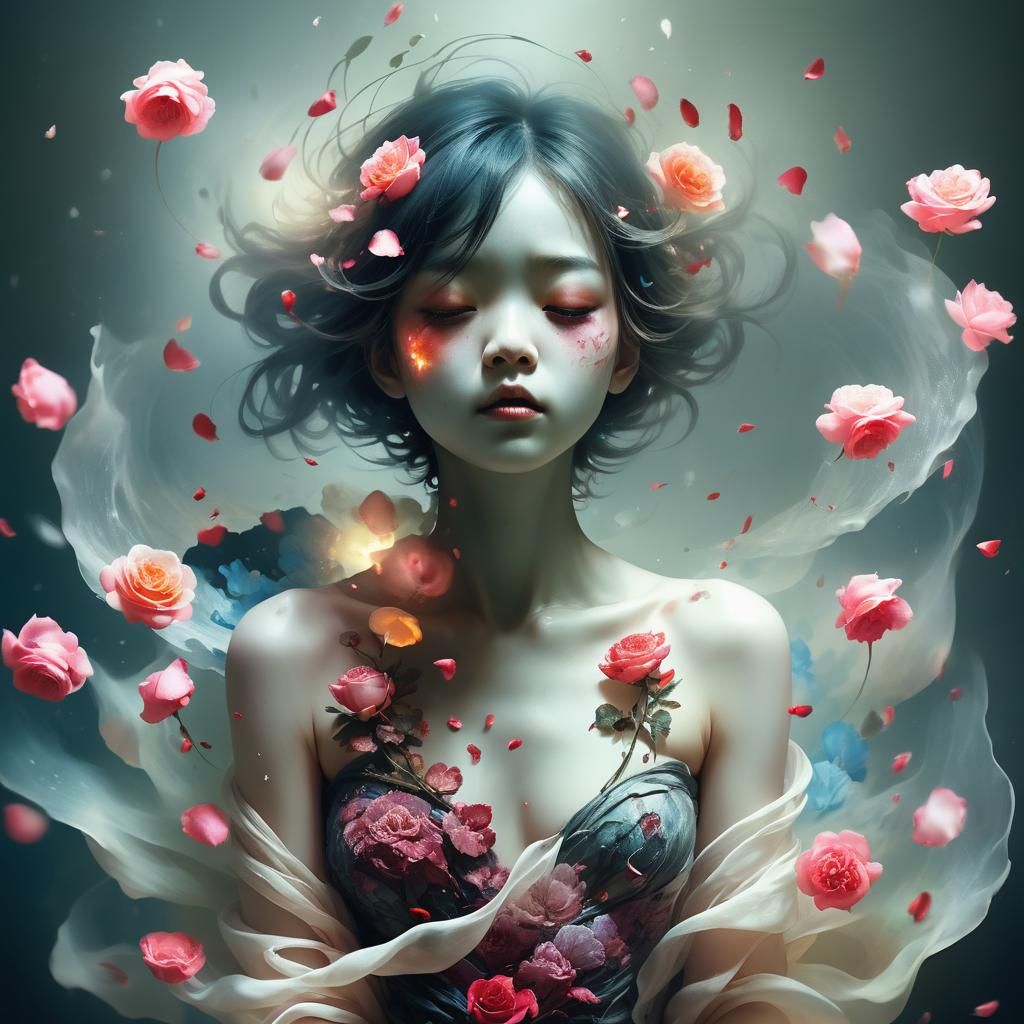 Portrait somnambulist studio dreamy,light dust,illustration, Ryohei Hase,glowing rose petals,alfred sysley ...  by @Himoai