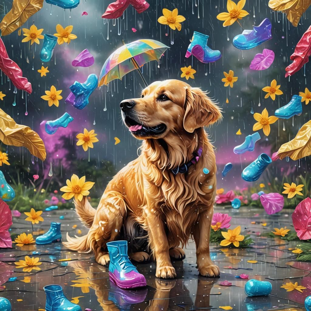 Golden Retriever with Rain Boots