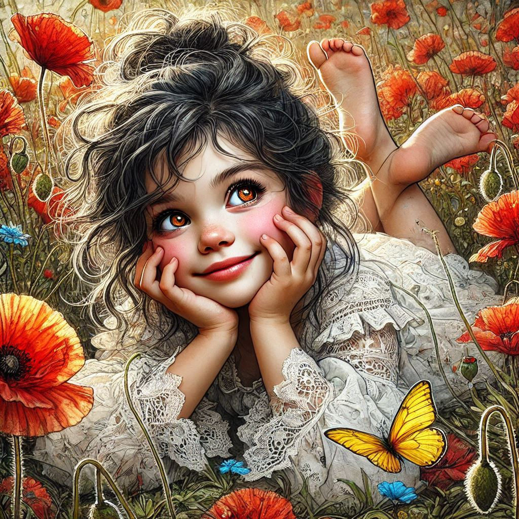 little girl in puppy field