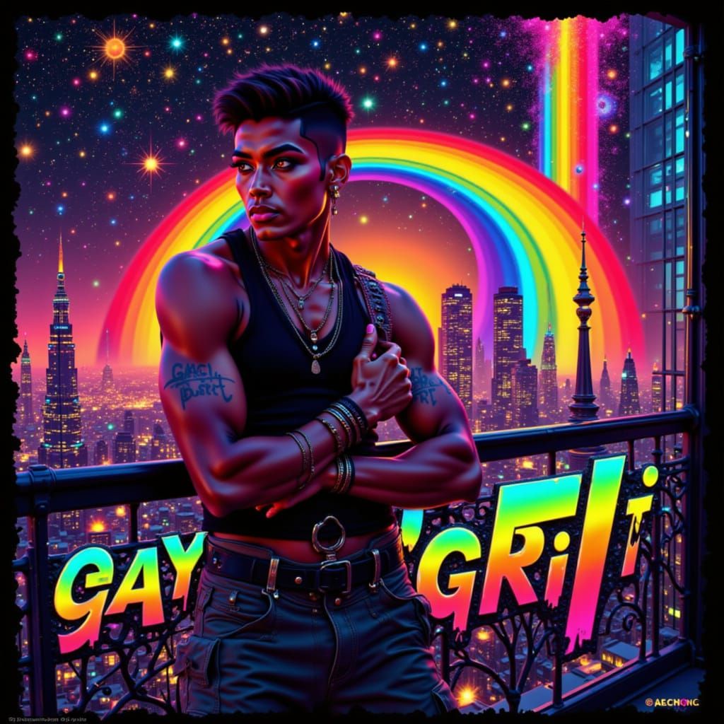 Gay Grit

Gay art 

 ‘Gay Grit’ is written in burnish metal rainbow letters across the bottom of the image

Rainbow with an edge gritty rain...