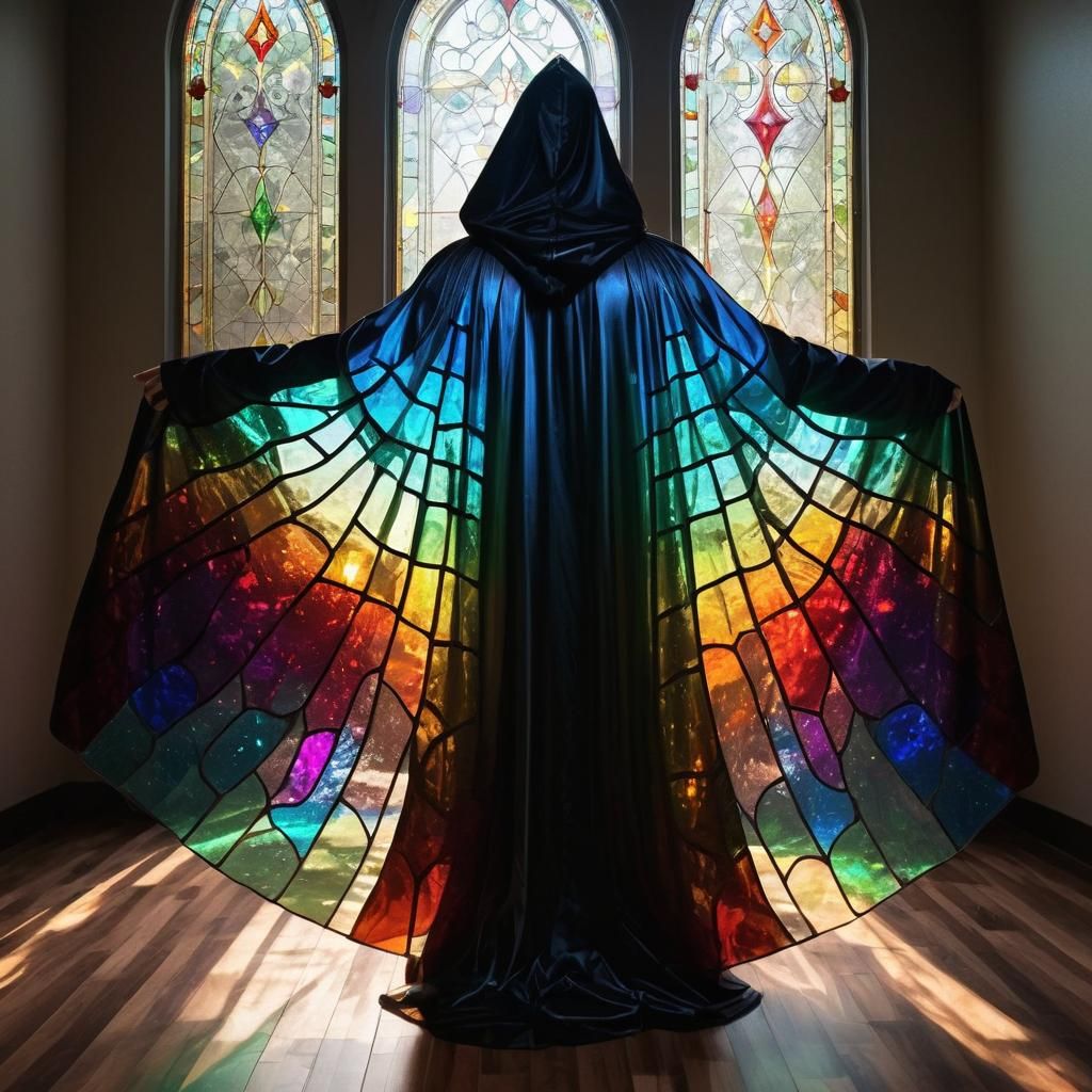 A magic cloak cape stained glass clear, intricate, detailed ...