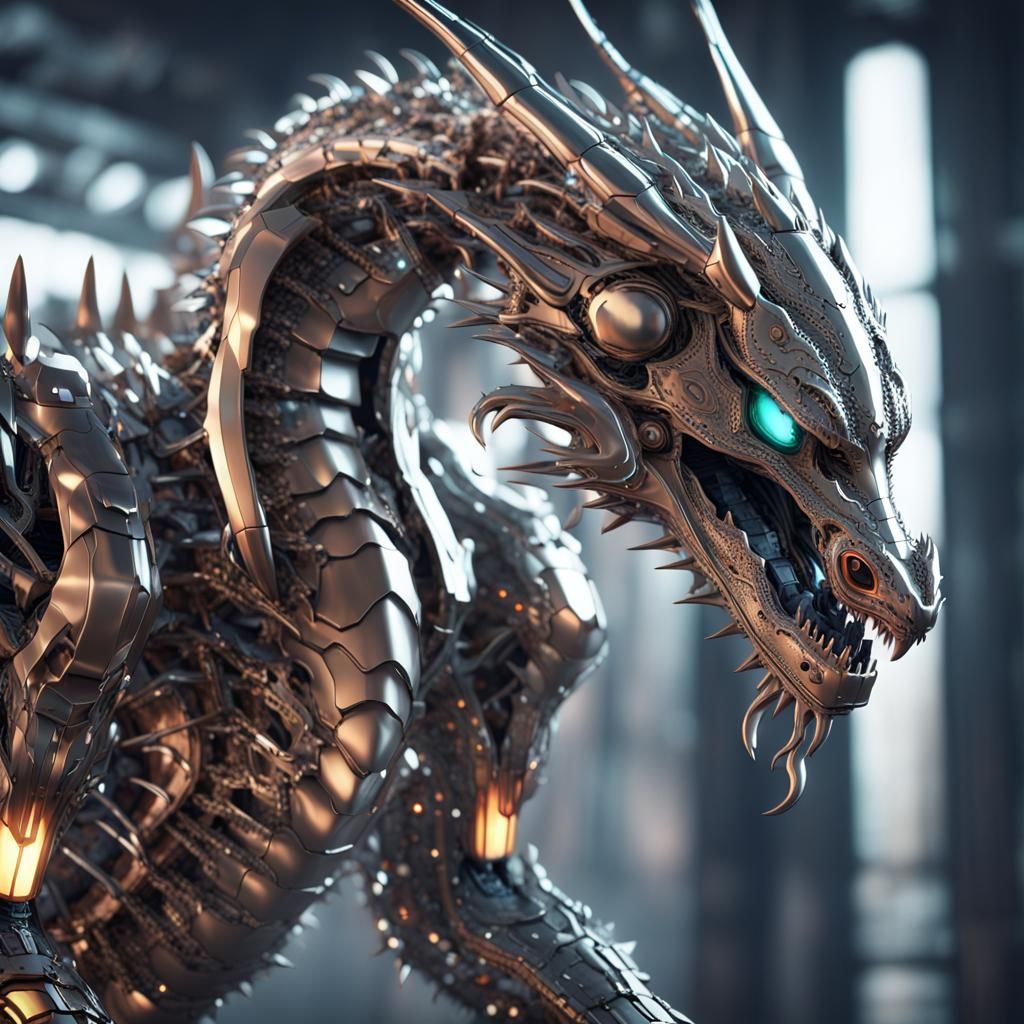 A cybernetic dragon, its body a fusion of advanced technology and ...