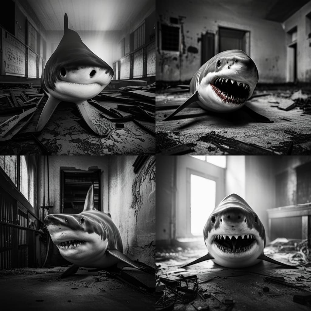 1900s photograph of a great white shark in a dilapidated hau...