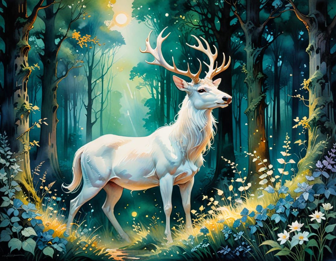 Luminous White Stag in Dreamlike Forest Glade