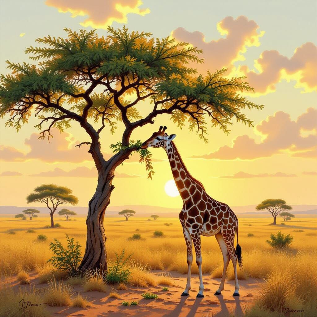 Realistic Oil Painting of Giraffe in Sun-Drenched Savannah