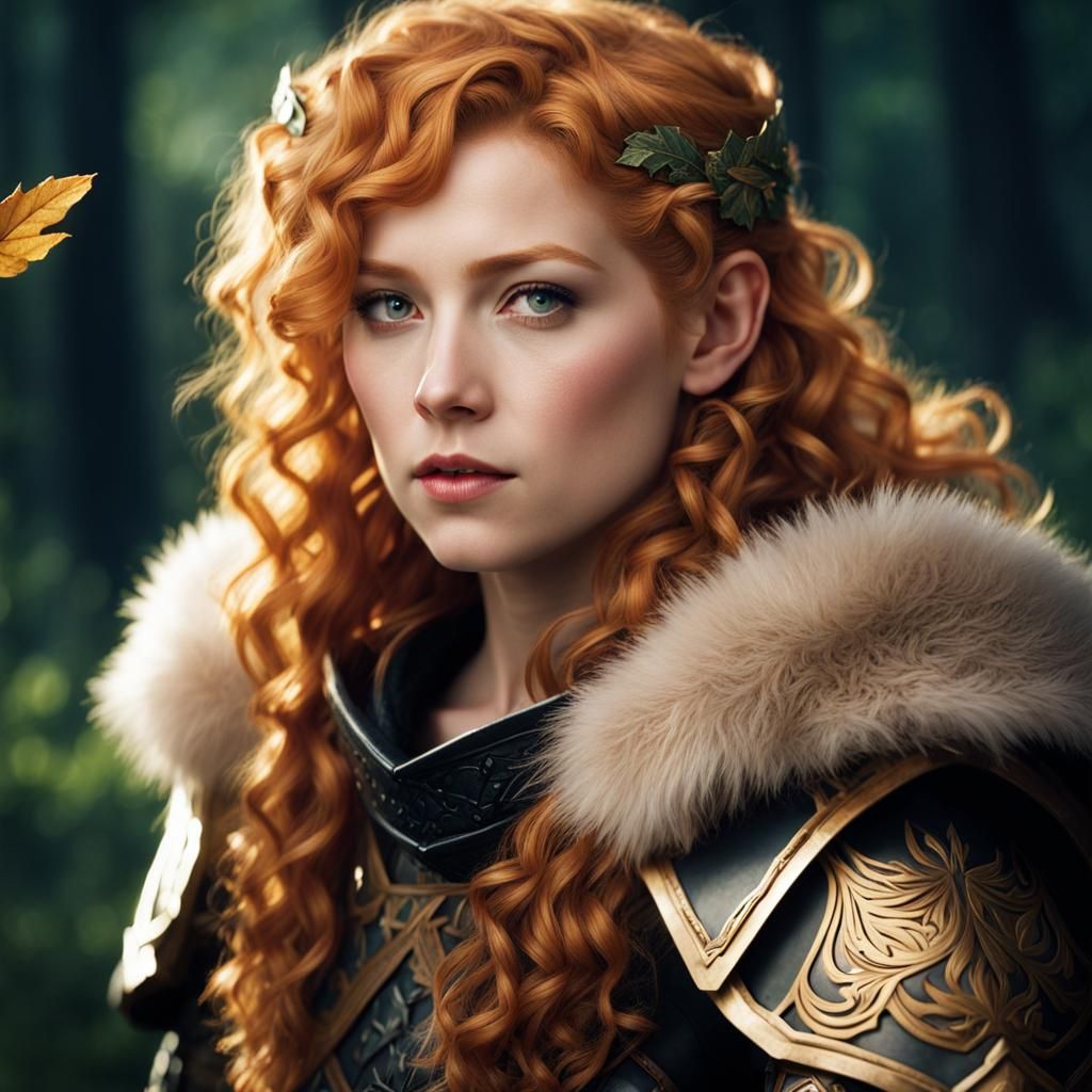 Female Hobbit with curly strawberry blonde hair that falls slightly below her shoulders and wearing leather armor crafted with intricate lea...