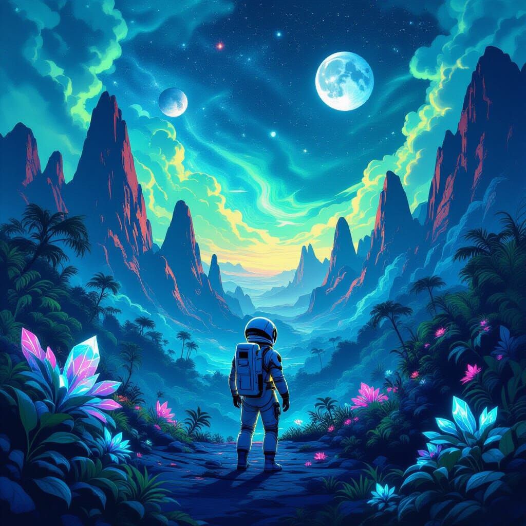 An astronaut, clad in a retro-futuristic spacesuit, stands on the surface of a vibrant, bioluminescent alien jungle planet. Strange, glowing...
