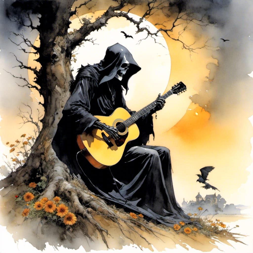 grim reaper sitting at a tree playing guitar <lora:Dark Soft Comic:1.0> 