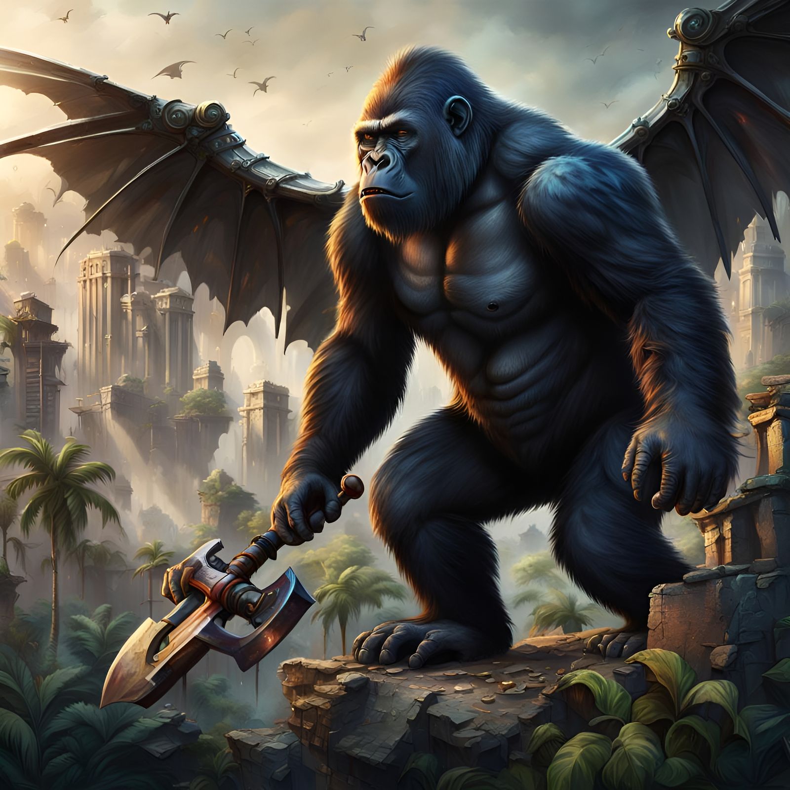 Hyper realistic color painting of a fantasy gorilla with bat...