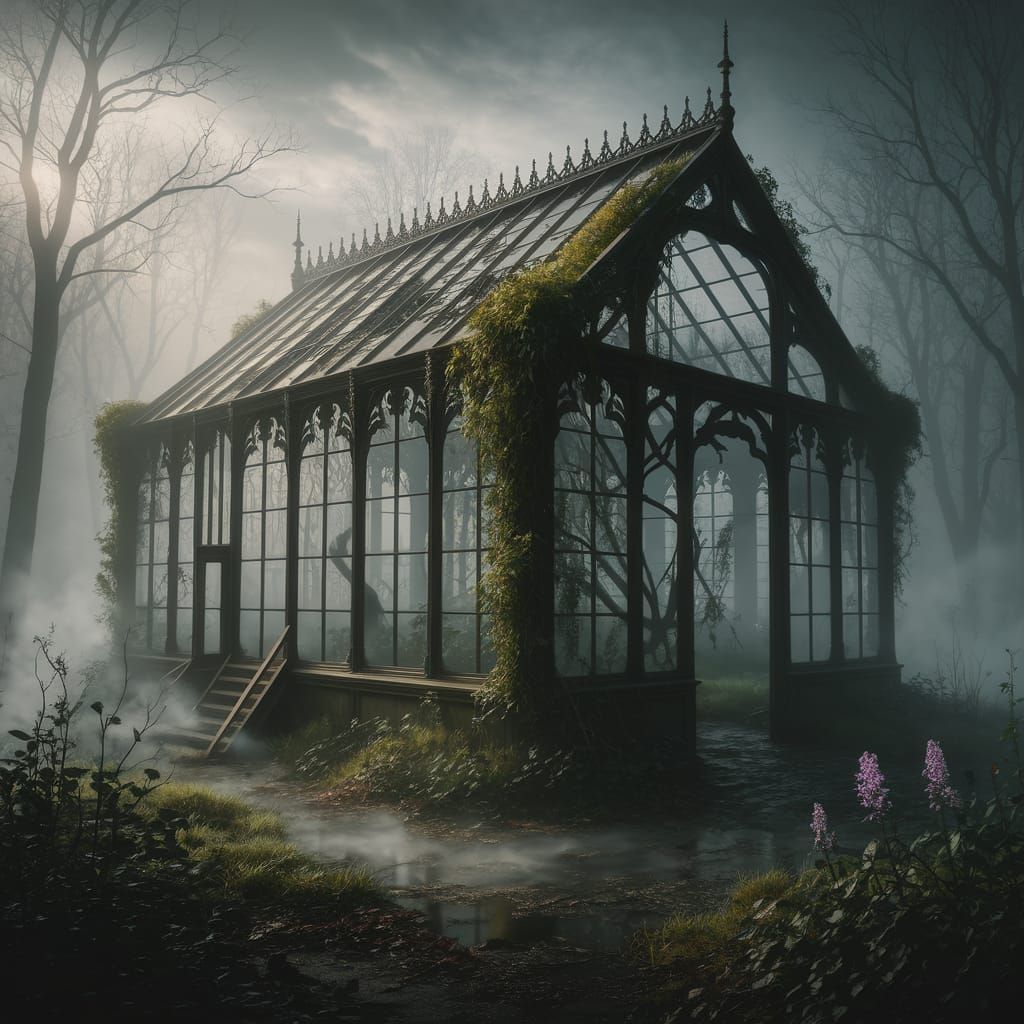 An abandoned, overgrown Victorian greenhouse stands partially obscured by a dense, swirling fog within ...  by @Wesly 