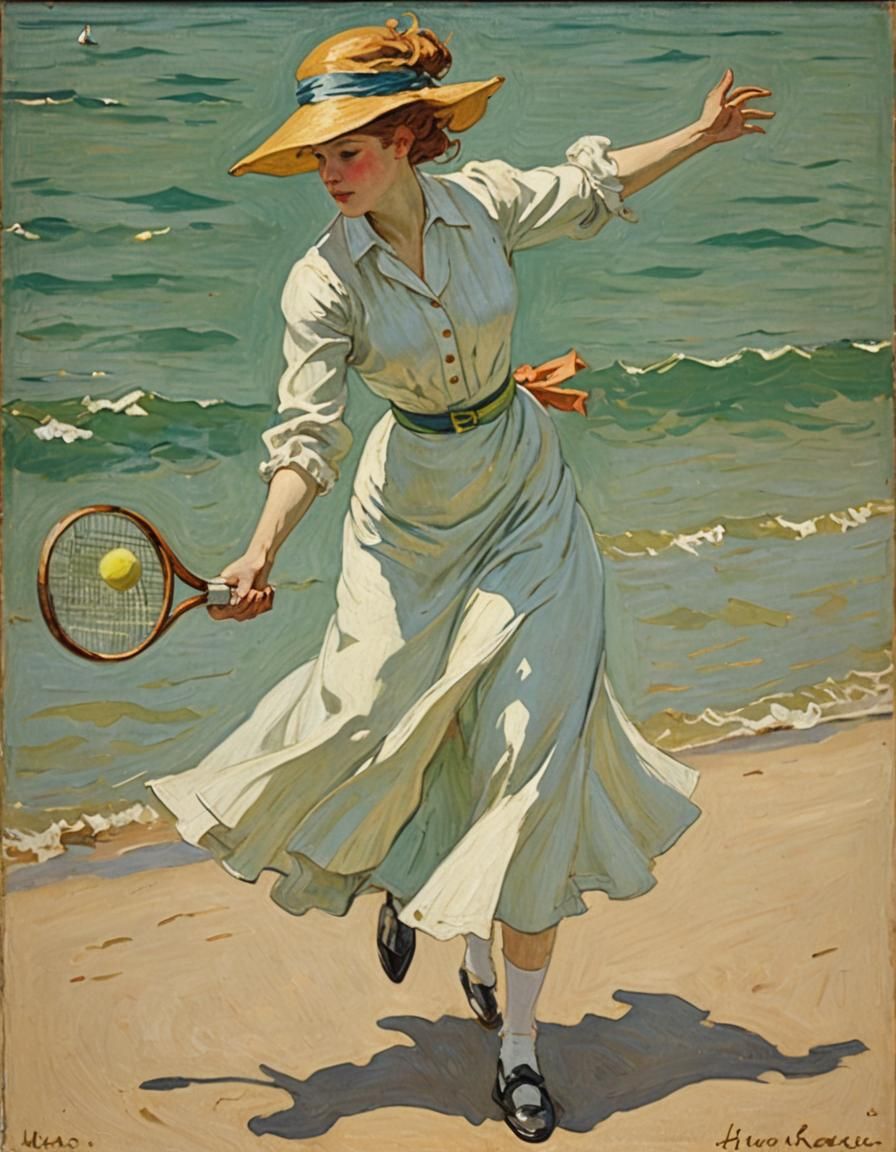 art-nouveau demoiselle playing tennis
