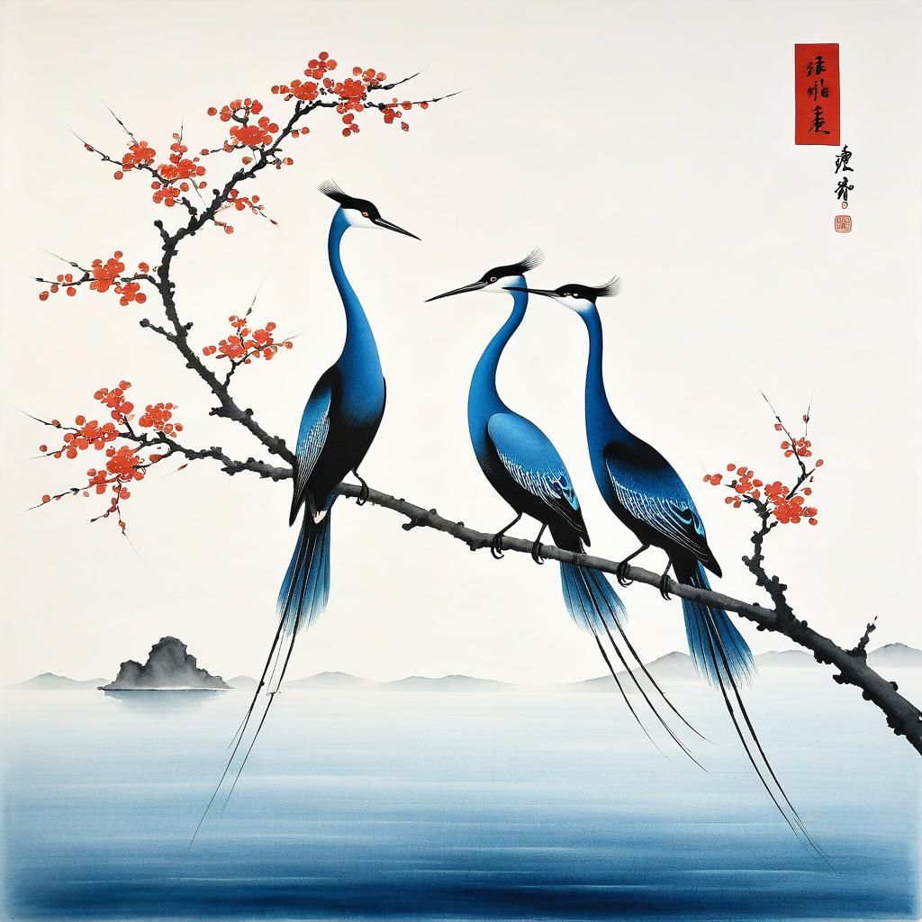 Whimsical birds on a tree branch  by @Missysmom