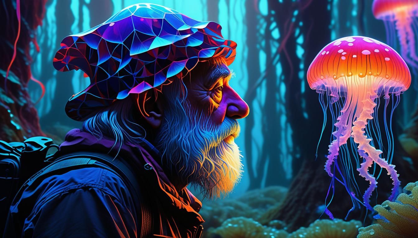 Blacklight, intricate, geometric, swirling patterned, bioluminescent, ultraviolet forest with a gnome ...  by @Dorian