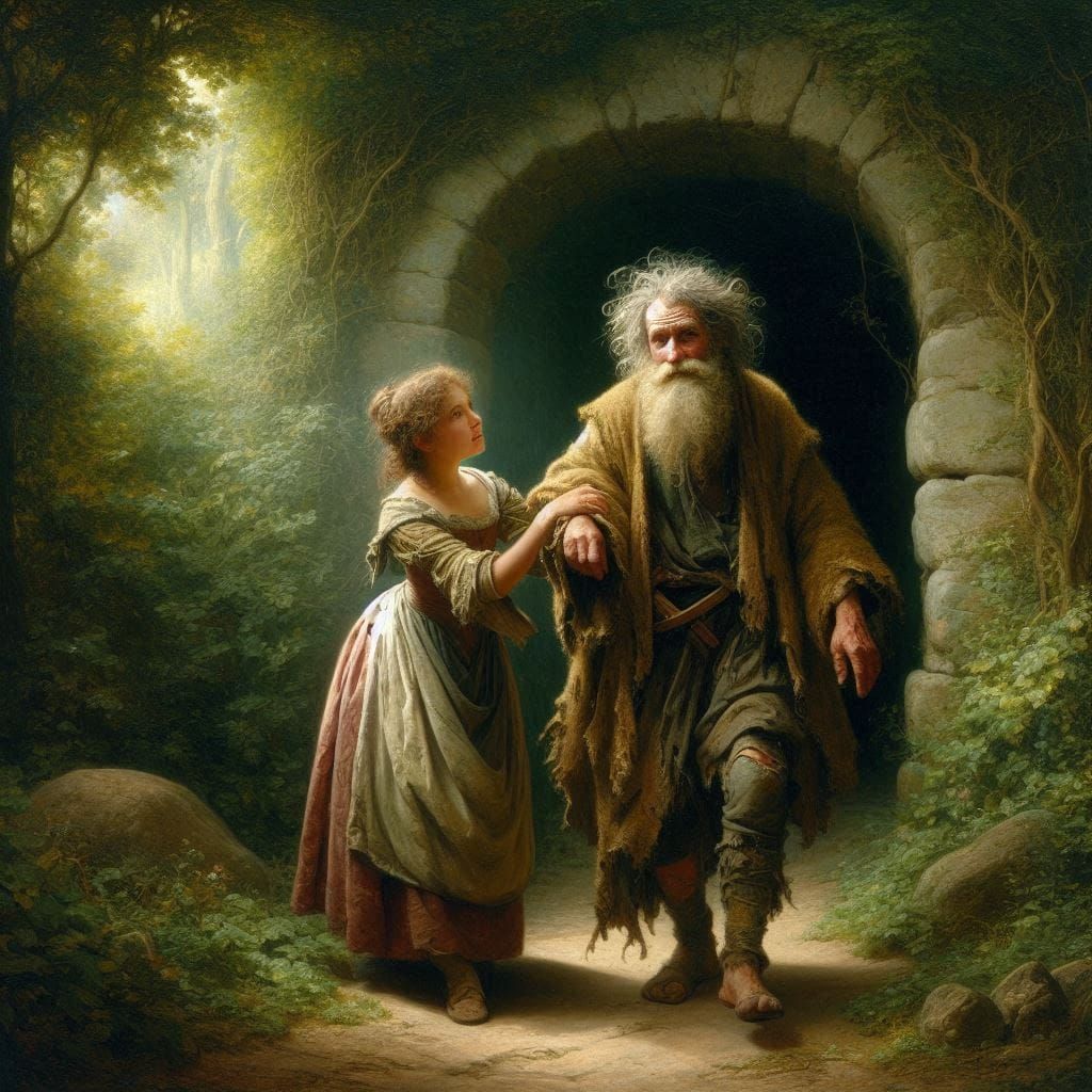 She lead the dishevelled old hermit into a lush green garden...