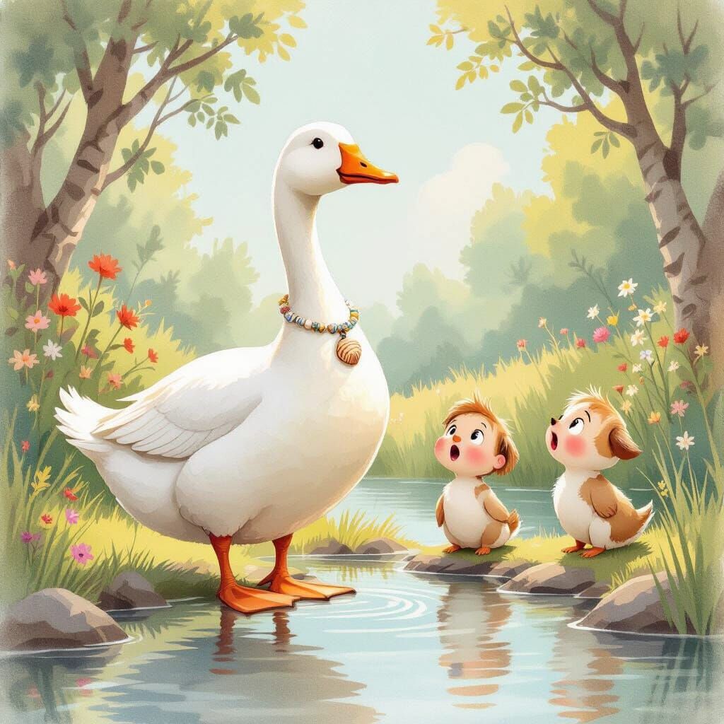 Gosha the goose stands proudly by his home pond. He has a suntanned neck and a seashell on a string on his beak. Dusya and Vaska listen to h...