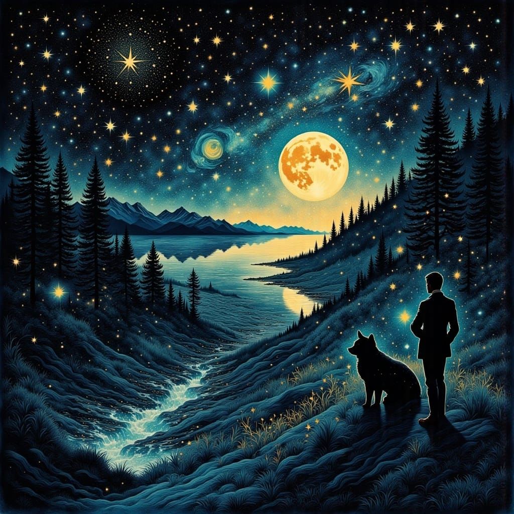 hyperdetailed double exposure textured fantasy illustration with large visible brush strokes, hypermaximalism, astral patterns, star lit sky...